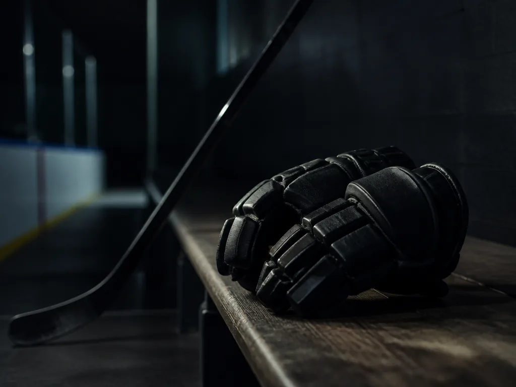 Mörkt foto av en hockeyklubba och ett par handskar som vilar mot en bänk i ett spelarbås