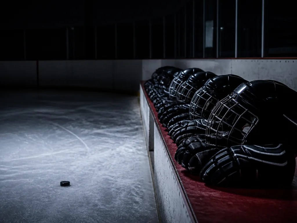 Rad med små hockeyhjälmar och handskar upplagda på en bänk vid sargen i en mörk hall