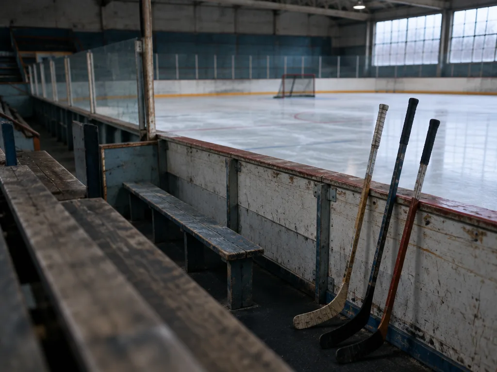 Sliten sarg och tom spelarbänk i en äldre ishockeyhall, med tre gamla klubbor lutade mot sargen