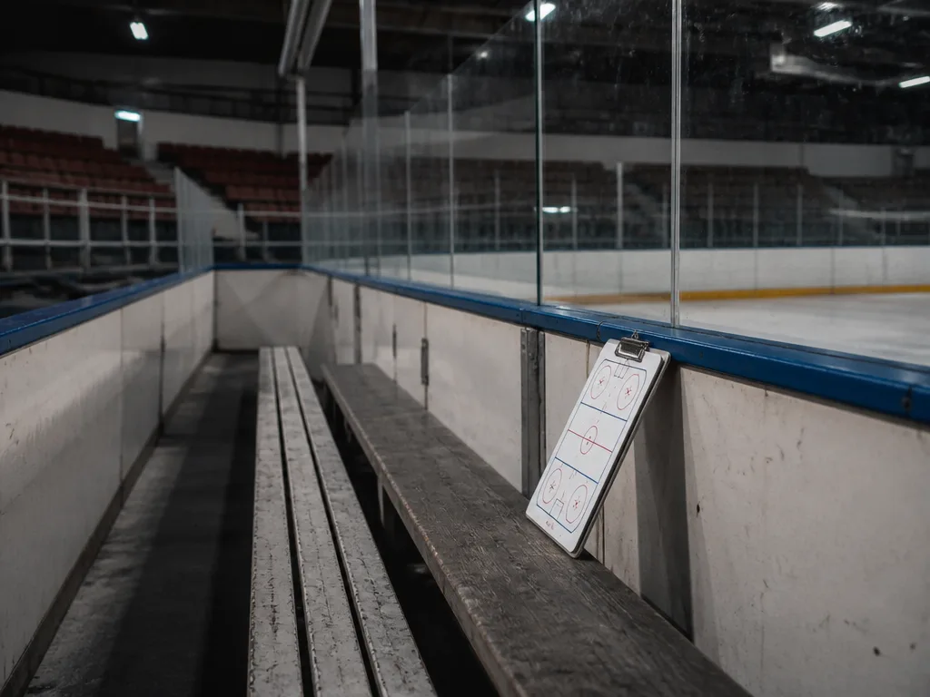 Tom tränarbänk bakom sargen i en äldre ishockeyhall, med en taktikplatta lutad mot bänken