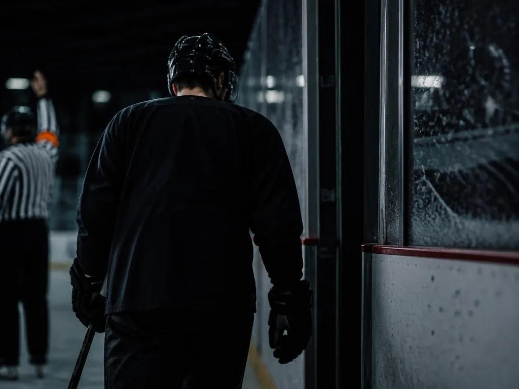 Ishockeyspelare skridskoåker mot utvisningsbåset i en mörk arena