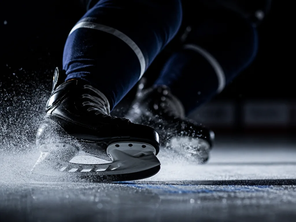 Närbild i svagt ljus på isspån som yr upp från ett skridskoskär mot en blank hockeyis